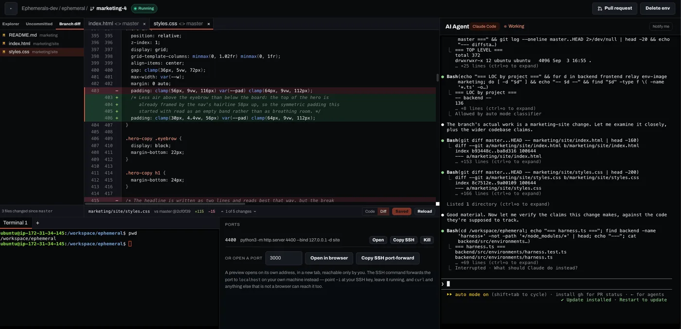 The Ephemerals workspace in a browser: a branch diff over three changed files on the left, a terminal and the ports panel below it, and Claude Code working in a pane on the right.